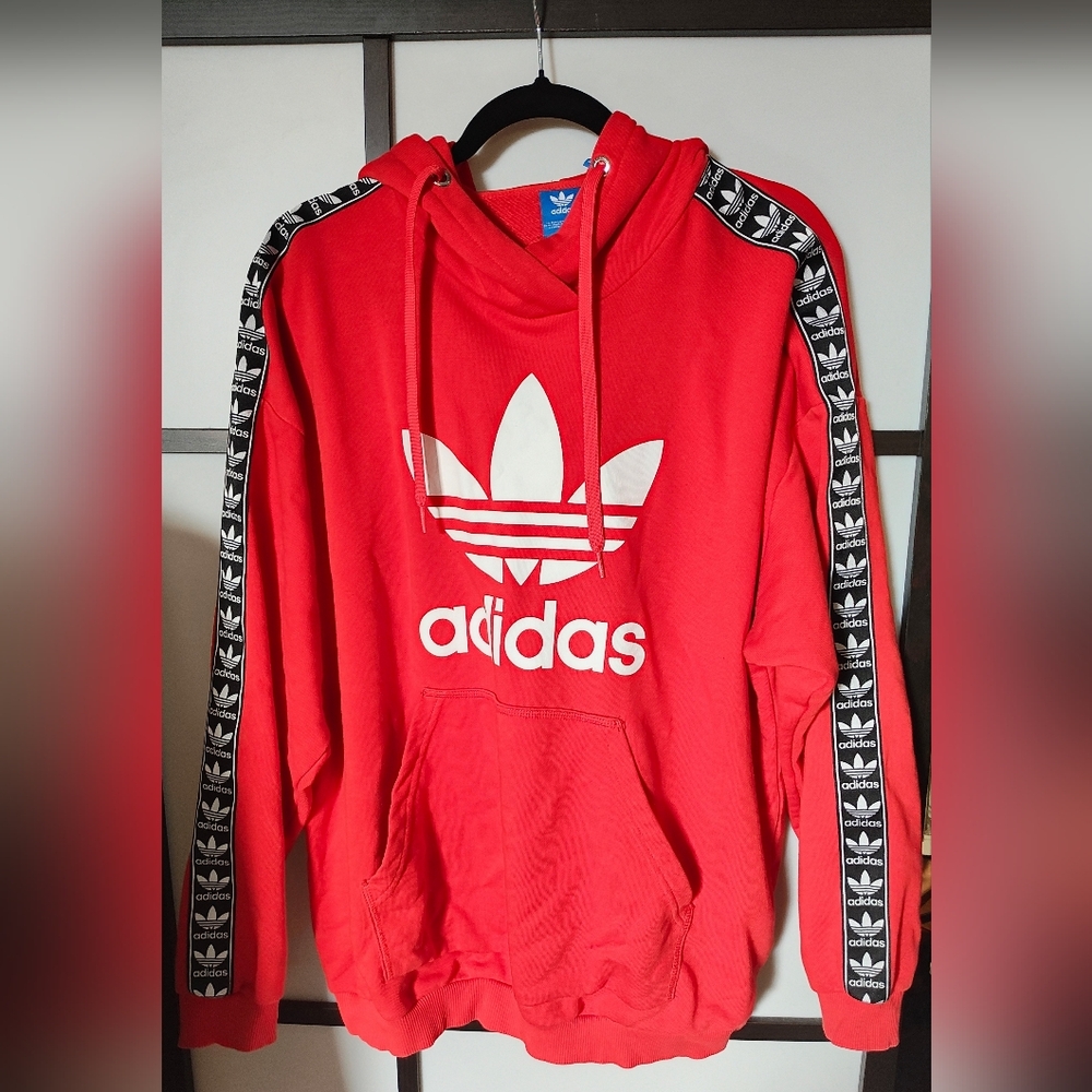 Adidas Men's Red Hoodie with Logo Stripes